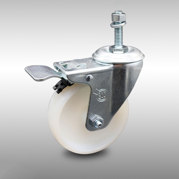 4 Inch SS Nylon Wheel Swivel 3/8 Inch Threaded Stem Caster with Total Lock Brake
